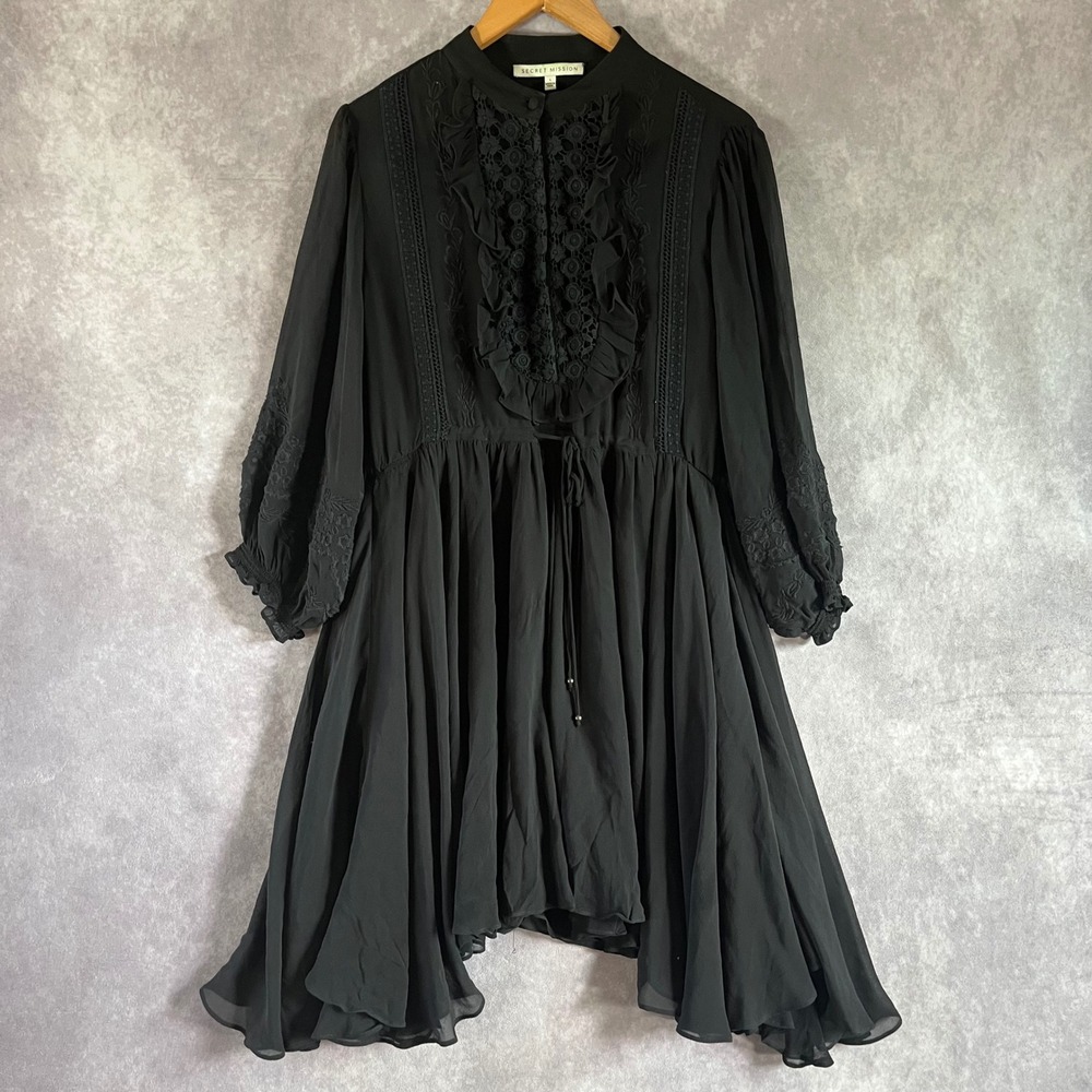 Secret Mission Silk Mini Dress Women L Black Embroidered Lace Ruffle *See Desc*